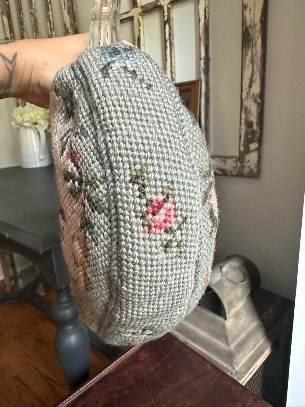 Vintage Floral Needlepoint Clear-Handle Women’s Bag